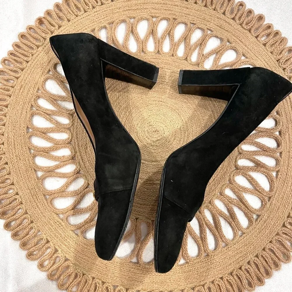 Chanel Black Suede CC Block Heel Pumps Size 7 A